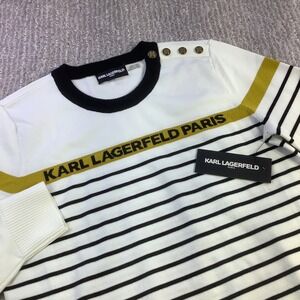KARL LAGERFELD PARIS‎ Womens White Black Gold Stripe Crewneck Sweater Size M NWT